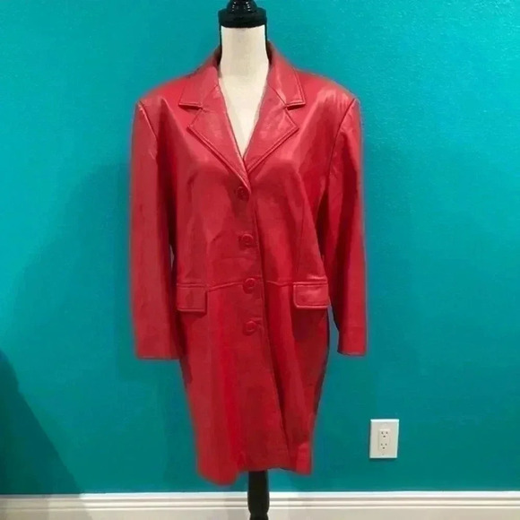 Vintage red leather trench coat in size large - Picture 1 of 8